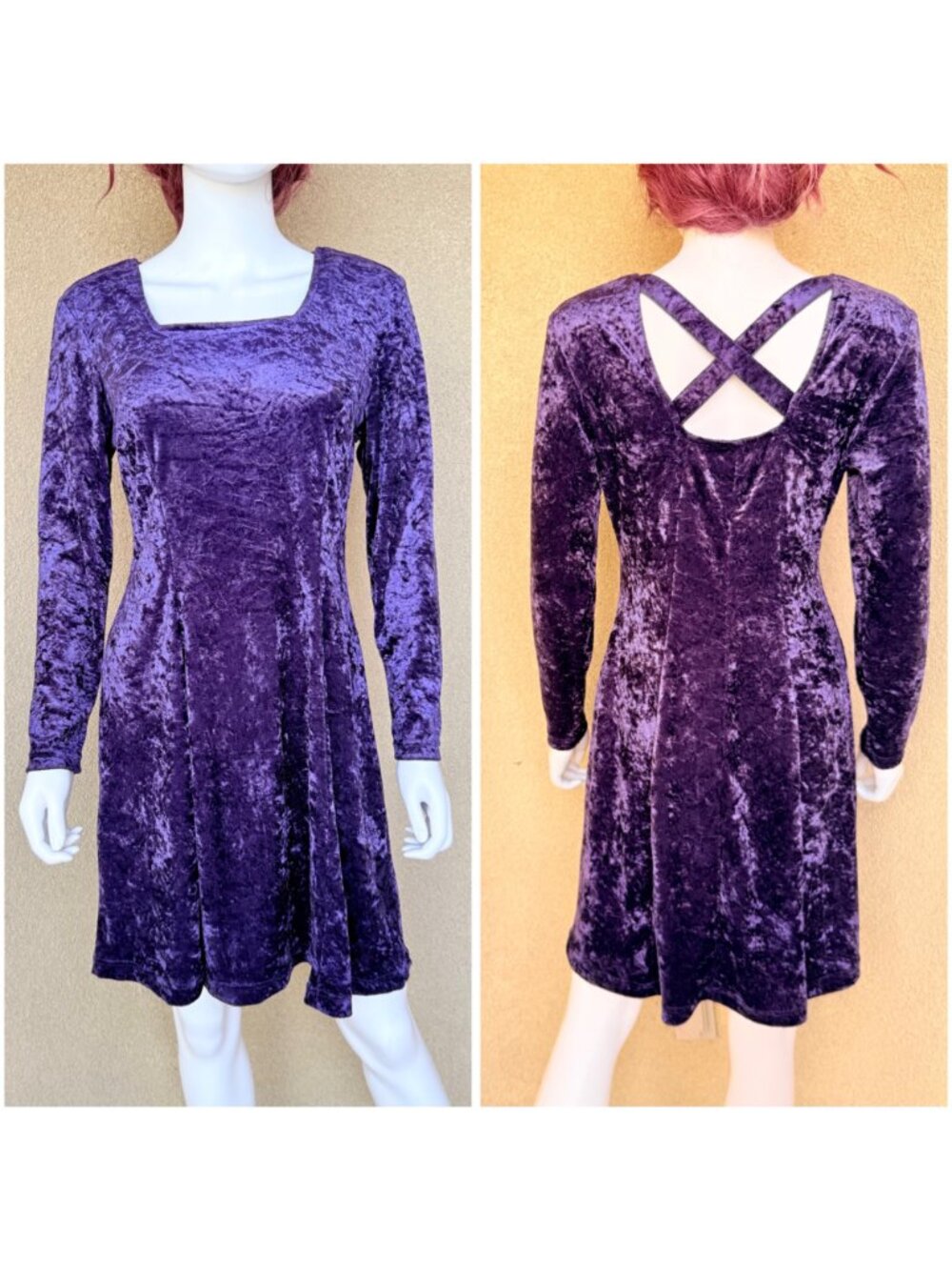 Vintage 90s Purple Crushed Velvet Skater Mini Dress - Picture 2 of 10